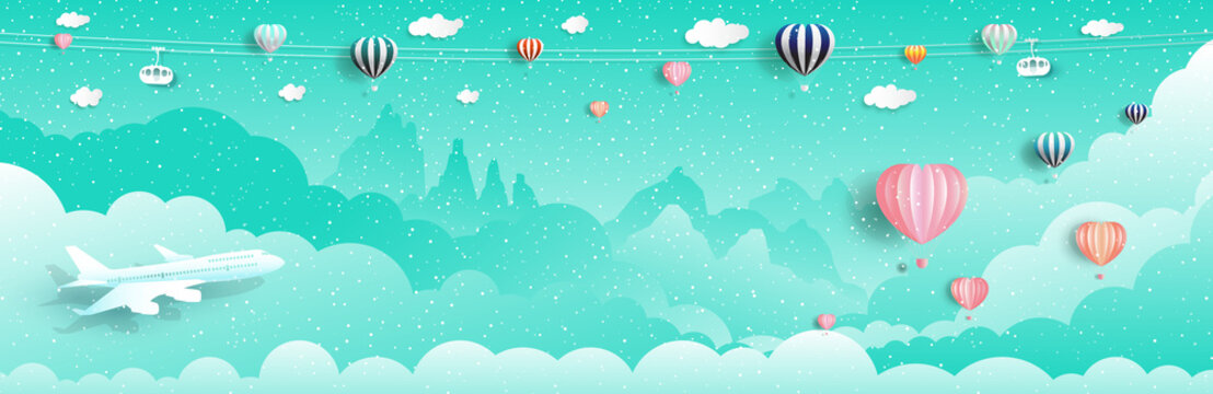 Travel happy new year and christmas with balloons and airplane