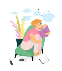 Obraz na płótnie Canvas Young girl reading a book at home or in the library and dreaming. Everyday life routine. Cozy Home interior design, studying and relaxing at home reading book concept. Vector illustration design.