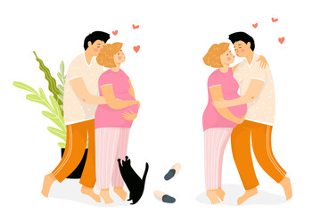 Family of a young pregnant woman and man at home hugging and kissing. Happy parents waiting for a baby, girl is having a big baby bump. Vector cartoon illustration.