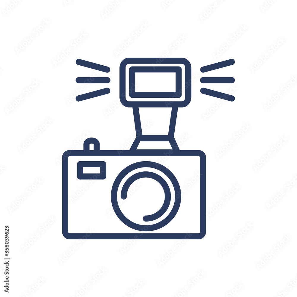 Poster dsrl camera flash thin line icon. light, analog device, sparkle isolated outline sign. photographer 