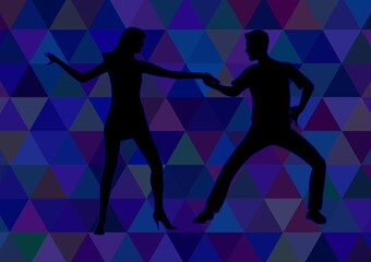black silhouette of a dancing girl and a guy on a dark blue polygonal background. Rumba, bachata, cha cha cha, salsa, forro.