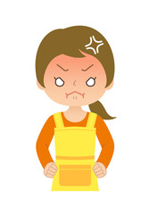 腰に手を当て顔を赤くして怒る主婦