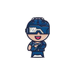 Cute cyborg cartoon character holding futuristic gun vector illustration