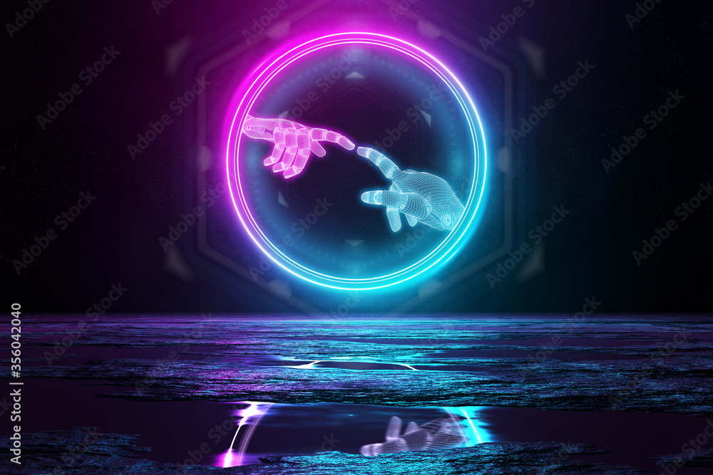 Poster robot hands illuminating the floor with blue and pink neon light 3d rendering