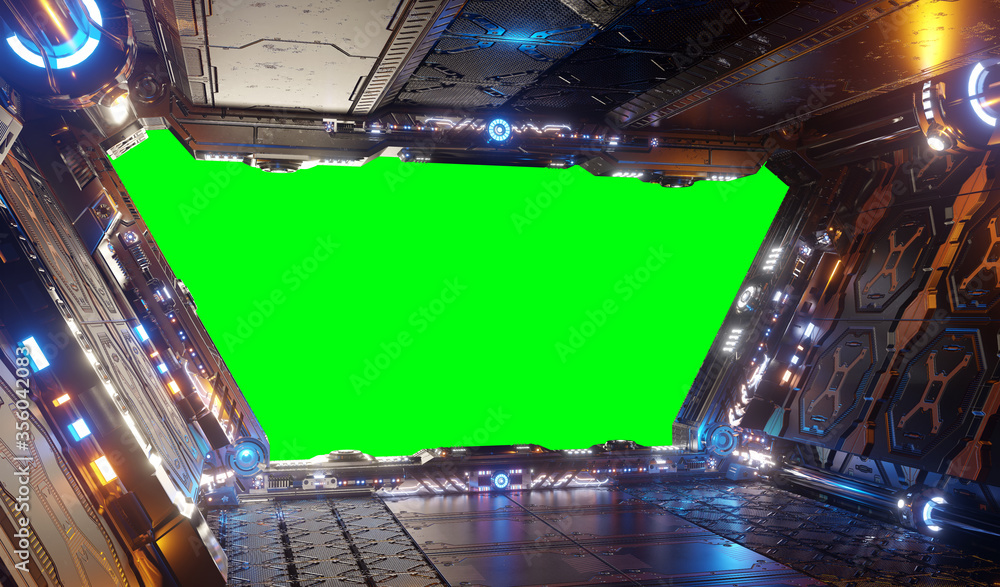 Poster orange and blue futuristic spaceship interior with green window 3d rendering