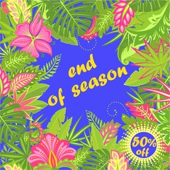 Fototapeta na wymiar Label for summer sale with tropical leaves and exotic flowers