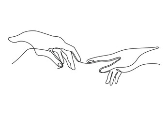 Continuous line vector illustration of two hands barely touching one another. Simple sketch of two hands made of one line, love concept
