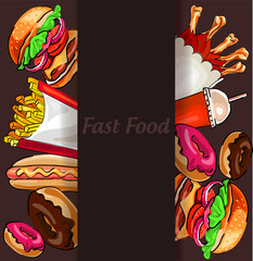 Set with classic fast food hamburger, hot dog, cola, french fries on a dark background. The design menu and advertising