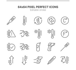 Simple Set of Icons Related to Temperature. Contains such icons as Body Temperature Check, Thermometer, Heat - Cold and more. Lined Style. 64x64 Pixel Perfect. Editable Stroke.