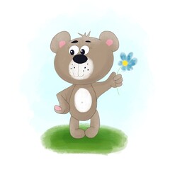 Obraz na płótnie Canvas Cute Cartoon Teddy Bear with a blue flower 