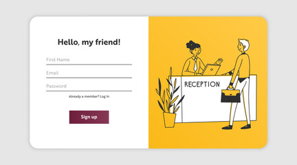 Obraz na płótnie Canvas Sign up page with hotel guest consulting receptionist. Receptionist, businessman, lobby flat illustration. Registration, tourism, business concept for banner, website design or landing webpage