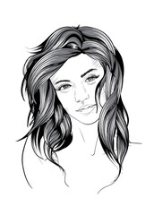 Hand drawn beautiful young woman face. Fashion.  Beautiful Woman Face