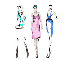 Beautiful young women in modern style.. Hand drawn stylish woman portrait. Fashion lady. Festive outfit. Sketch. Fashion model posing in dress. Hand drawn fashion woman.