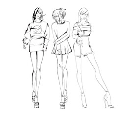 Beautiful young women in modern style.. Hand drawn stylish woman portrait. Fashion lady. Festive outfit. Sketch. Fashion model posing in dress. Hand drawn fashion woman.