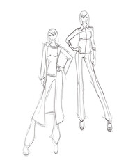 Beautiful young women in modern style.. Hand drawn stylish woman portrait. Fashion lady. Festive outfit. Sketch. Fashion model posing in dress. Hand drawn fashion woman.