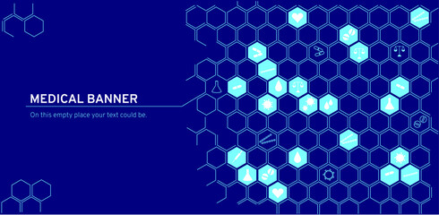 Medical banner on a dark blue background with icons. Vector illustration, flat design.