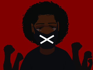Crying black women in a medical mask at a rally against racism. The slogan on the T-shirt 