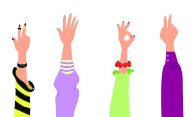 The hands of young people guys and girls raised up, approving gestures of youth. Vector, flat cartoon. Concept: approval, youth, gesture, fashion clothes, accessories, stylish, all is well, greeting.