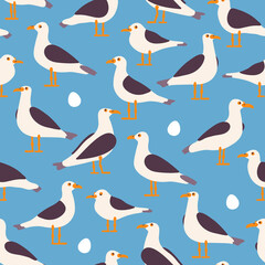 Fototapeta premium Cartoon colorful marine bird seamless pattern. Atlantic seabird creature on blue background. Seagull vector flat illustration.