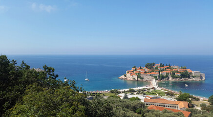 Fototapeta na wymiar Sveti Stefan island and horizon - Adriatic sea Montenegro