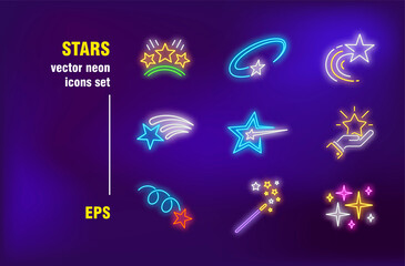 Stars neon signs collection. Magic wound, lightning and shining. Vector illustrations for night bright advertisement. Holiday and entertainment concept