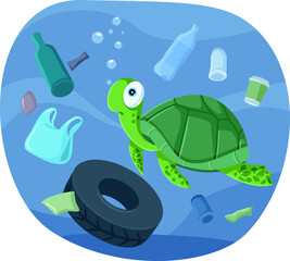 Turtle Swimming in Polluted Ocean Vector Illustration