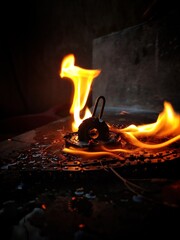 burning fire in the fireplace
