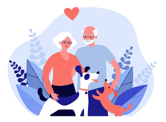 Fototapeta na wymiar Happy senior couple with dogs. Family, pet, relationship flat vector illustration. Retirement and love concept for banner, website design or landing web page