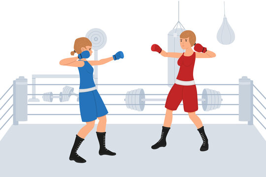 Two female boxers fight in the ring. Cartoon characters train or compete. Dangerous sport vector illustration