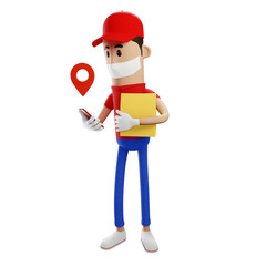 3D illustration render delivery man red uniform send package at home and stand holding phone open map location customer stay at home in virus covid-19 scourge
