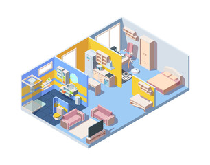 Fototapeta premium Apartment interior isometric concept. Illustration design bedroom living room kitchen bathroom modern furniture design residential color infographic fashionable apartment. Vector isometric cartoon.