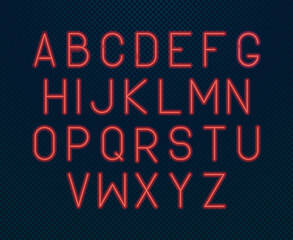 Neon alphabet. Glowing electric written font bright red backlit design alphabet fluorescent style set letters for casino advertising market business nightlife. Red neon vector font.