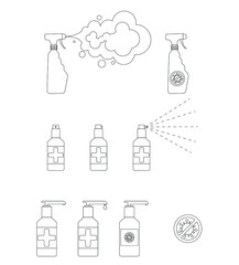 Set of antiseptics with spray and dispenser on a white background. Vector icons. Concept: disinfection, prevention, treatment, disinfection, cleaning, epidemic, pandemic, hygiene, sanitary, medical