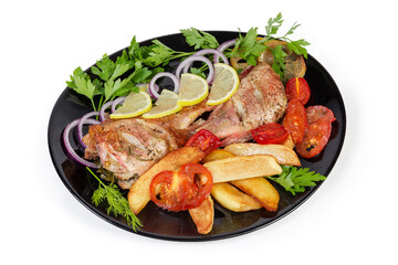 Baked ocean perches with tomatoes and french-fried potatoes