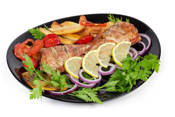 Baked ocean perches with tomatoes and french-fried potatoes
