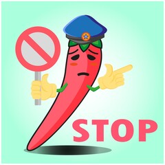 Cute mexican chili police officer cartoon character with police hat, hands pointing and stop sign design