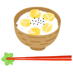 ゴマをまぶした栗ご飯と紅葉の箸置き、朱塗りの箸