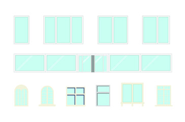 Set of windows and glass showcases, sliding doors. Vector illustration, flat cartoon design.