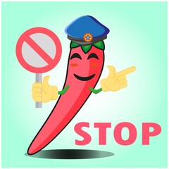 Cute mexican chili police officer cartoon character with police hat, hands pointing and stop sign design