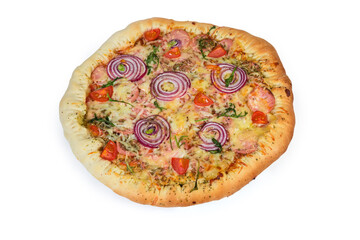 Pizza with sausage and cheese-filled thick outer ring