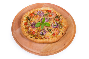 Pizza with sausage and thick outer ring on serving board