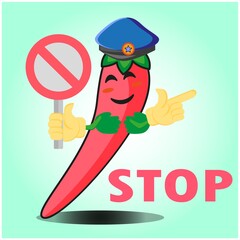 Cute mexican chili police officer cartoon character with police hat, hands pointing and stop sign design