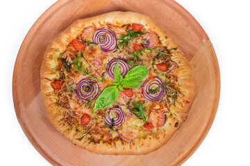 Pizza with sausage and thick outer ring on serving board