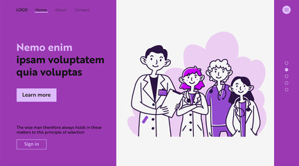 Hospital doctor staff. Team of physicians in white coats and scrubs with stethoscopes flat illustration. Medicine, occupation, clinic concept for banner, website design or landing web page