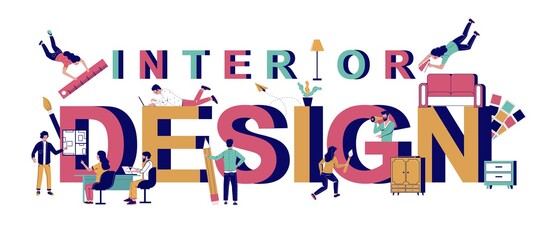 Interior design typography banner template, vector flat illustration
