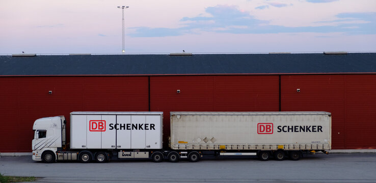 scania long truck operated by db schenker in the harbour of lysekil, sweden