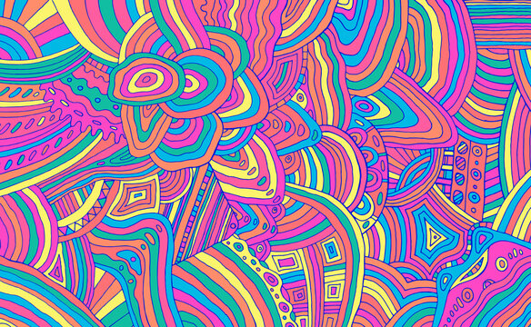 Bright neon trippy doodle stripe pattern. Colorful rainbow abstract detalized ornament. Psychedelic texture. Vector illustration