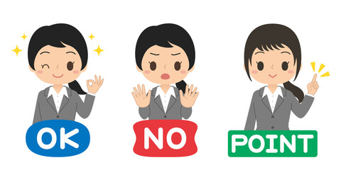 会社員女性のアイコンセット(OK, NO, POINT)