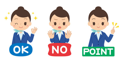 会社員女性のアイコンセット(OK, NO, POINT)