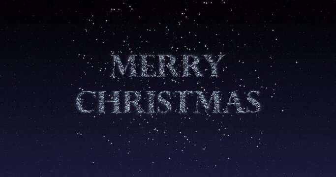 Merry Christmas greeting appearing text with particles and realistic fireworks on night sky. Animation of firework for celebration